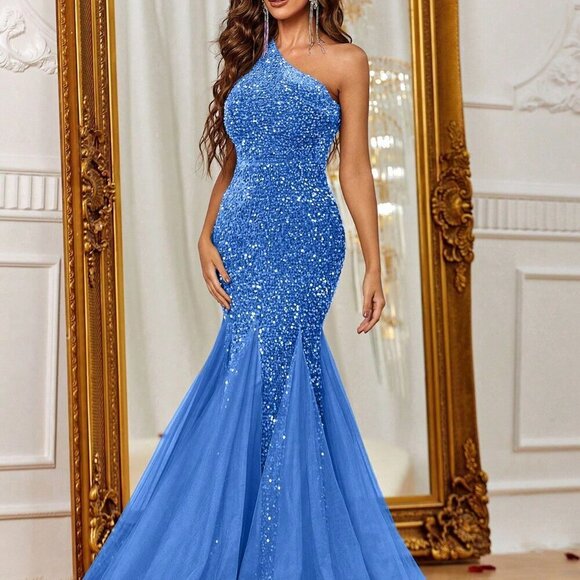 Blue Women's One Shoulder Mermaid Hem Sequin Formal Prom Evening Gown - Picture 6 of 6